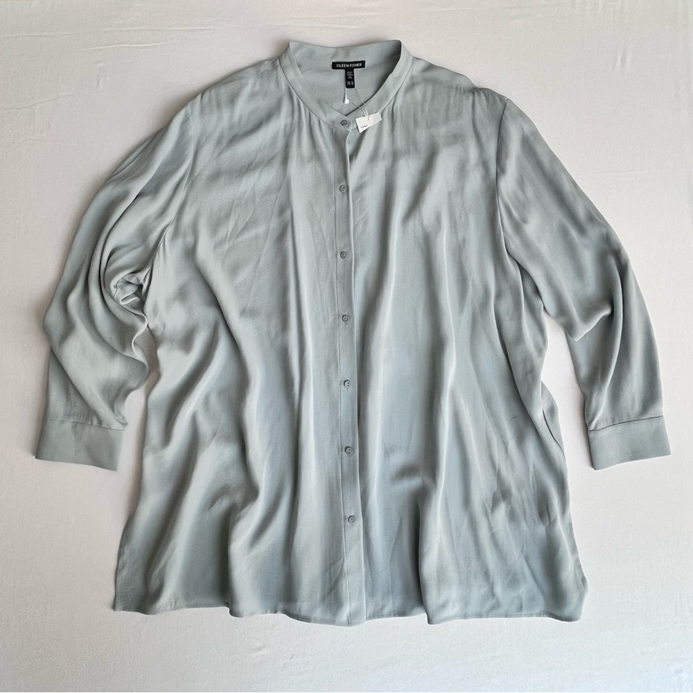 Eileen Fisher Grey 100% Silk Georgette Crepe Long Shirt Mandarin Collar 2XL NWT